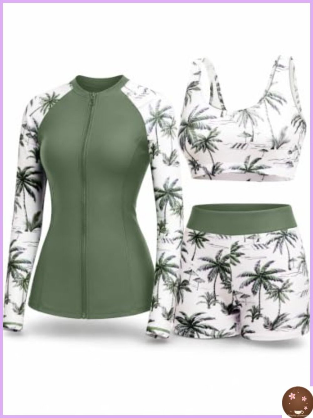 UPF 50+ 3-Piece Rash Guard Set Long Sleeve Swim Shirt Built-in Bra Removable
